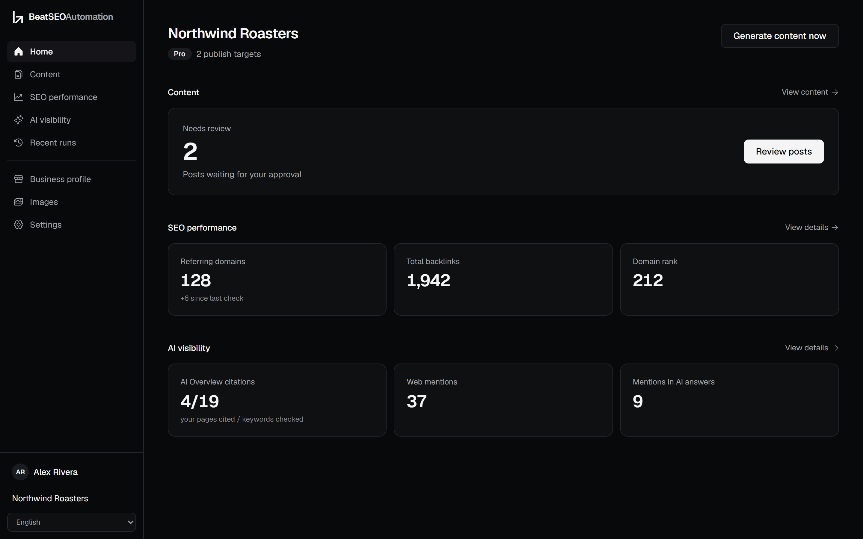 The BeatSEOAutomation workspace home: posts waiting for review, SEO numbers and AI visibility at a glance.